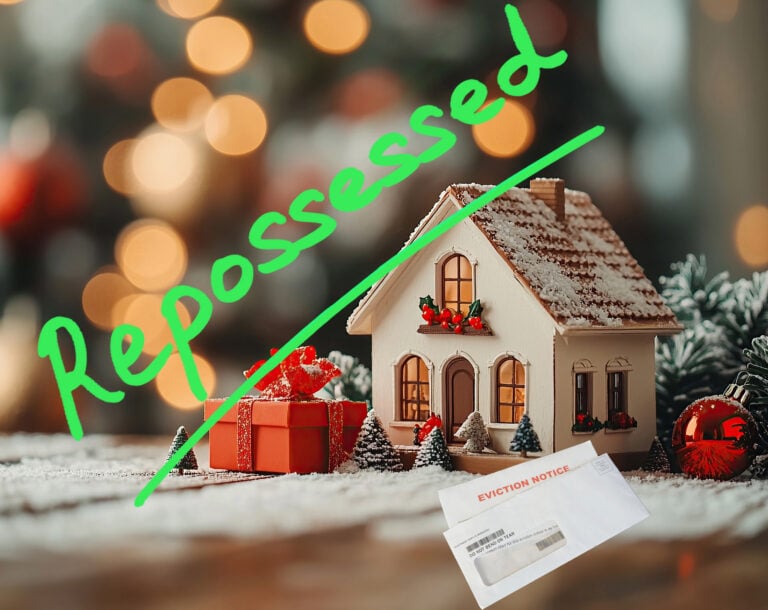Christmas scene with house, eviction notice, and repossession sign highlighting tenant and homeowner evictions.