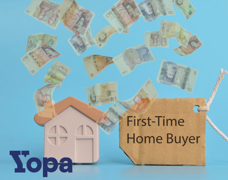Banknotes flying above a house model with a first-time home buyer tag