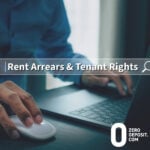 Person using laptop with overlay text highlighting rent arrears and tenant rights.