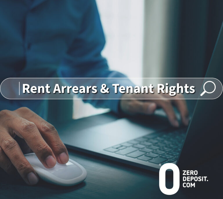 Person using laptop with overlay text highlighting rent arrears and tenant rights.