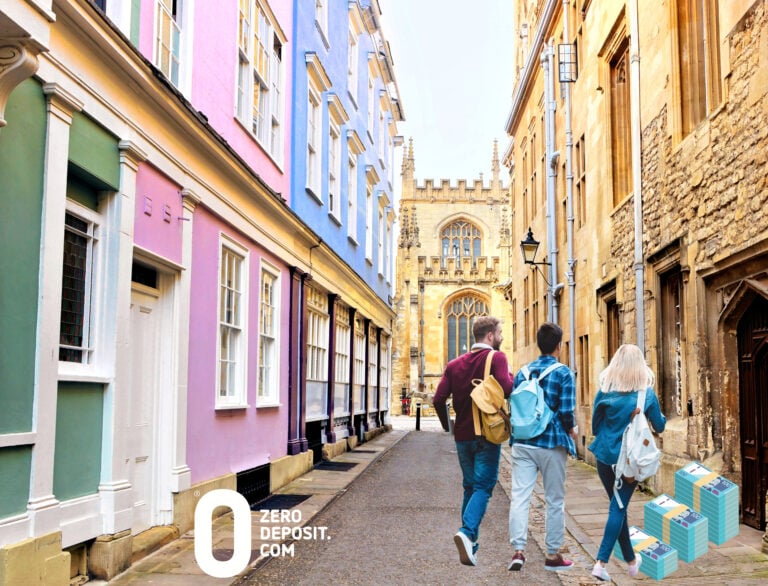Students walking through a colorful street near a university campus highlighting rising rent costs.