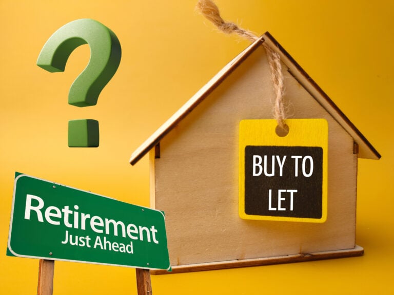 Question mark with house model, retirement sign, and buy-to-let tag symbolising landlord retirement options