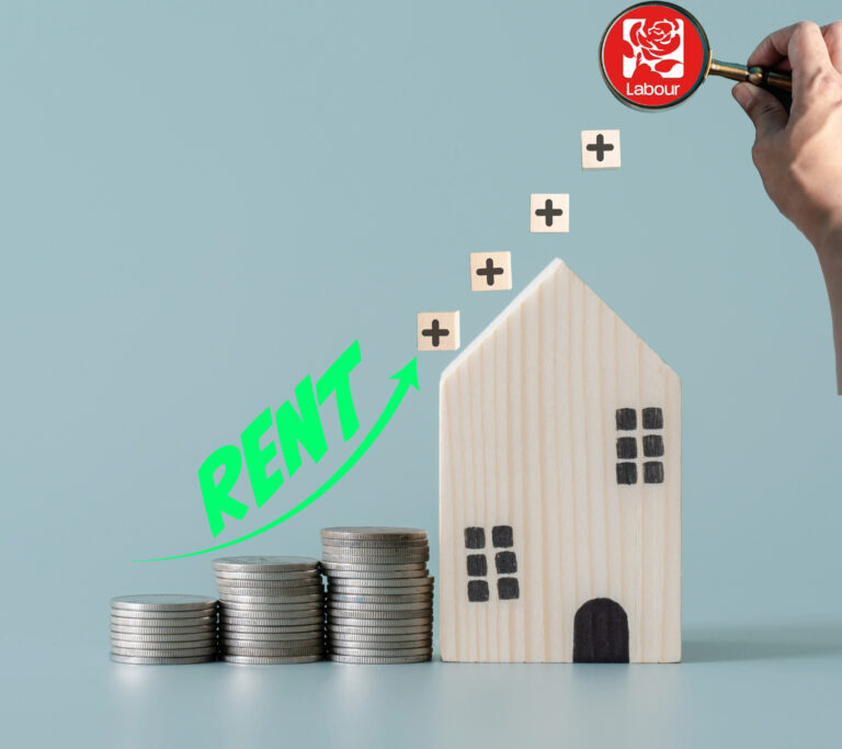 Rising rent costs shown with stacked coins, house model, and Labour Party magnifying glass