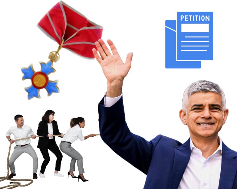 Sadiq Khan knighthood controversy with petition and public backlash illustrated