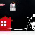 Stick figure burdened with rent costs tied to a house and money bag symbol