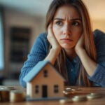 Young woman worried about housing costs with coins and model house on table
