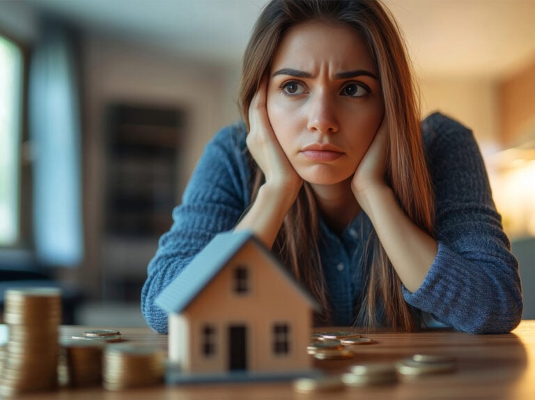 Young woman worried about housing costs with coins and model house on table
