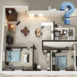 Floor plan of a flat showing two bedrooms, living area, kitchen, and bathroom layout.