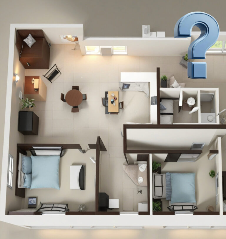 Floor plan of a flat showing two bedrooms, living area, kitchen, and bathroom layout.