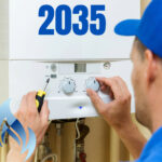 Engineer adjusting gas boiler controls with 2035 deadline highlighted