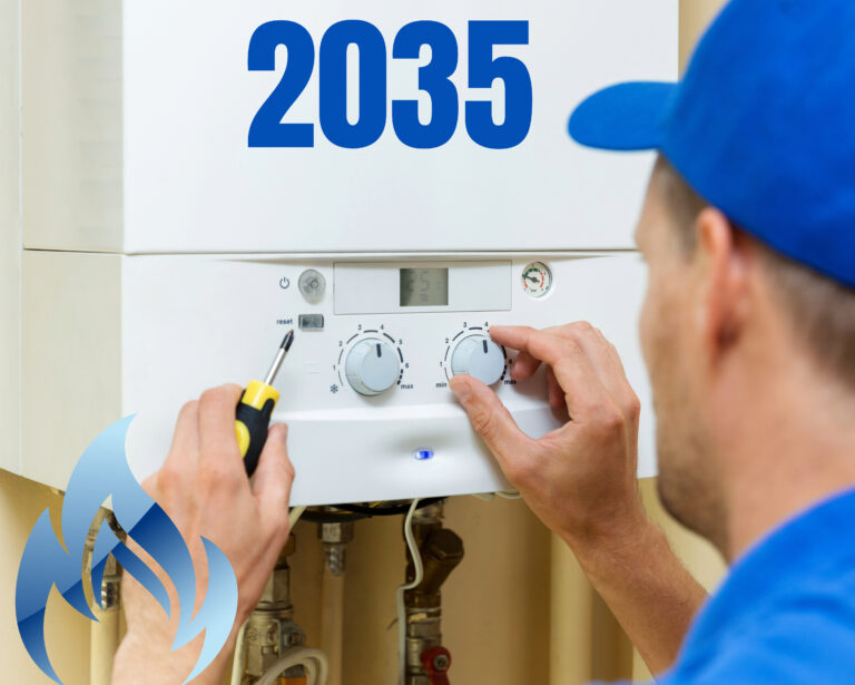 Engineer adjusting gas boiler controls with 2035 deadline highlighted