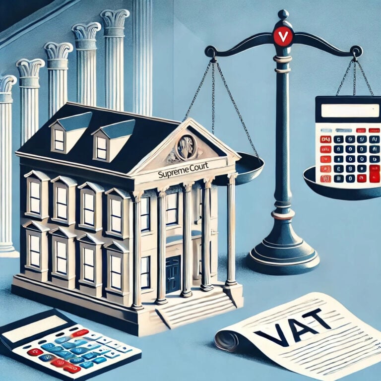 Supreme Court building with scales, calculators, and VAT document symbolizing legal tax dispute.
