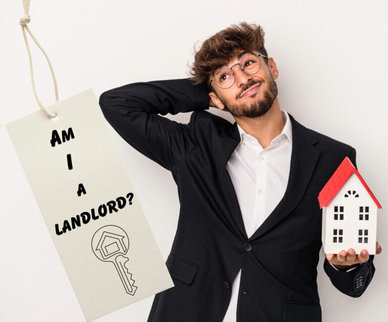 Man holding model house with tag asking “Am I a landlord?” representing rent-free property arrangement.
