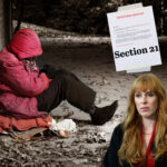 Homeless person in doorway with eviction notice and Angela Rayner addressing Section 21 evictions