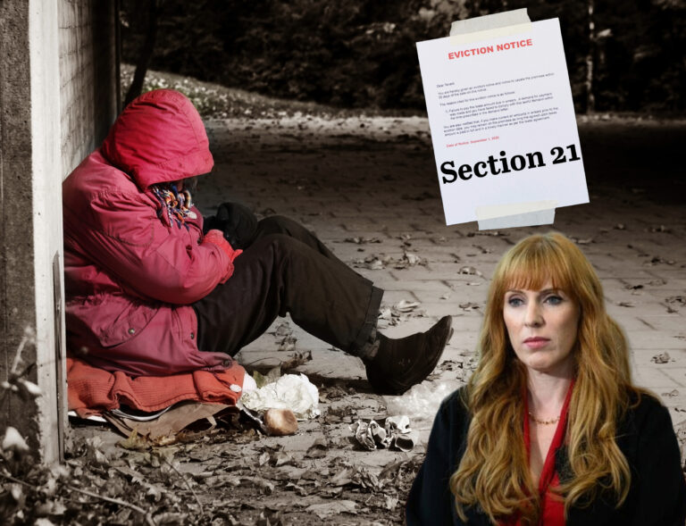 Homeless person in doorway with eviction notice and Angela Rayner addressing Section 21 evictions