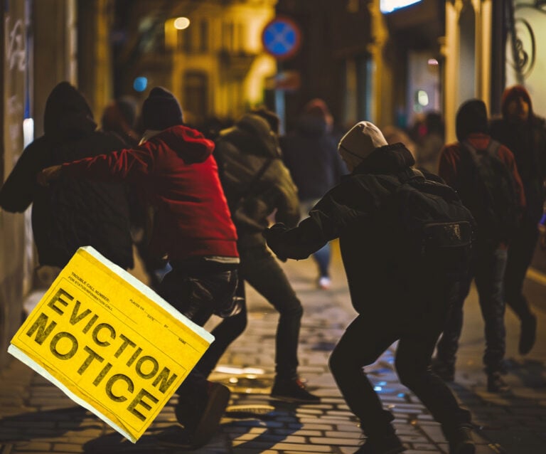 Group of people involved in street disorder with eviction notice overlay.