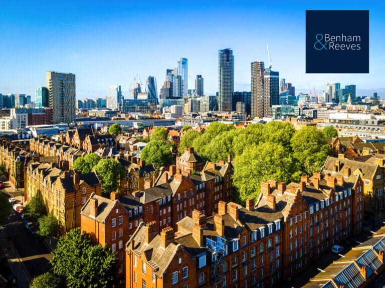 Aerial view of London with Shoreditch and modern skyline in the background