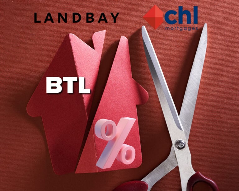 Scissors cutting through a house shape with percentage sign, symbolizing BTL mortgage rate cuts by Landbay and CHL.