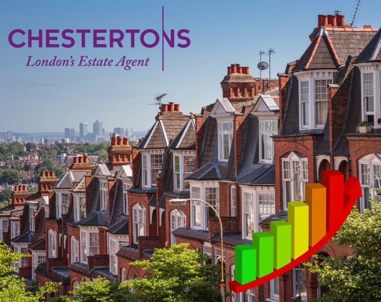 Row of London terraced houses with rising property market chart overlay.