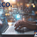 Hands typing on laptop with digital padlock symbol representing landlord data protection and ICO compliance