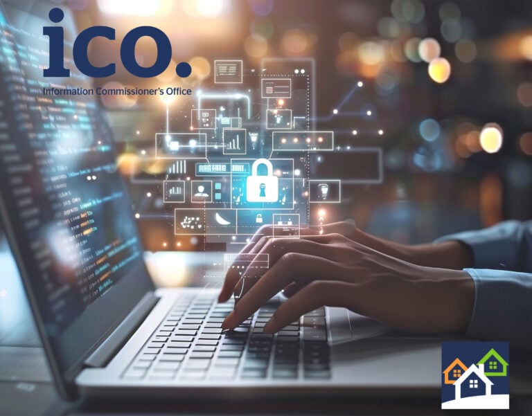 Hands typing on laptop with digital padlock symbol representing landlord data protection and ICO compliance