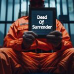 Prisoner holding a document labeled Deed of Surrender behind bars