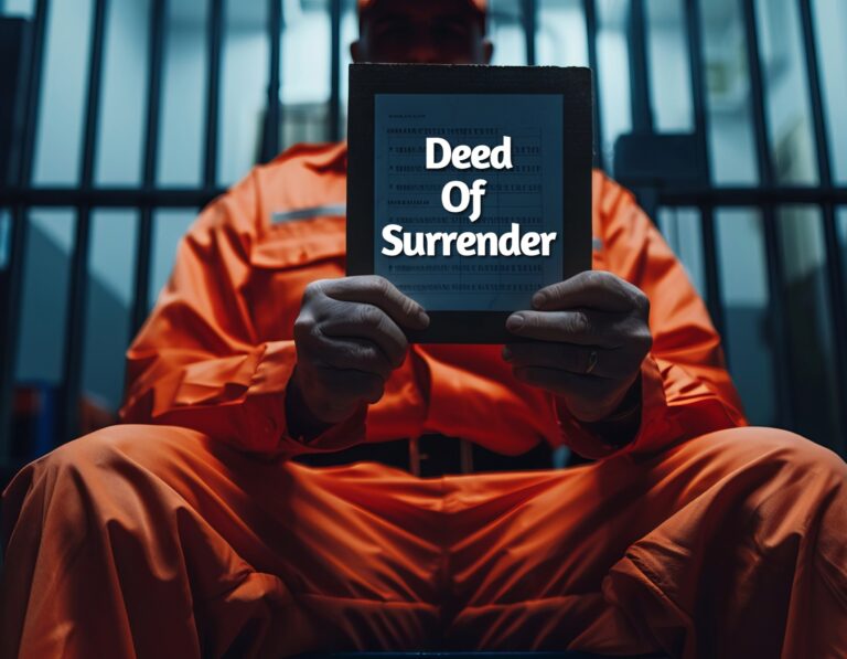 Prisoner holding a document labeled Deed of Surrender behind bars
