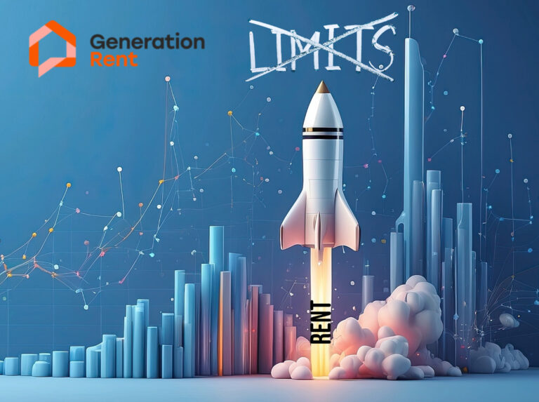 Rocket labeled rent soaring upward, symbolizing rising rental costs.