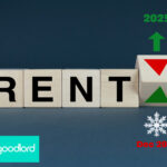 Wooden blocks spelling RENT with arrows showing rental price trends for Dec 2024 and 2025.