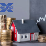 Halifax house price report with coins, model house, and growth chart