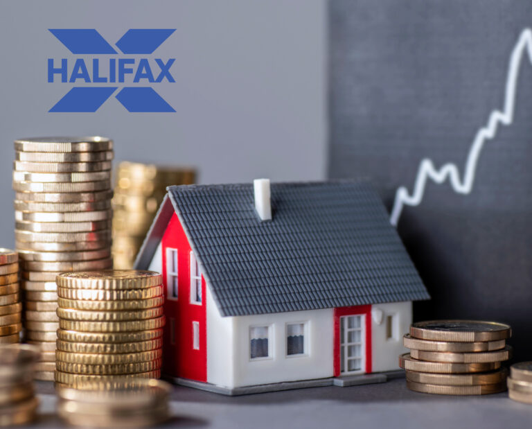 Halifax house price report with coins, model house, and growth chart