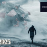 Person walking into stormy waves with flying papers, symbolizing turbulent property market in 2025.