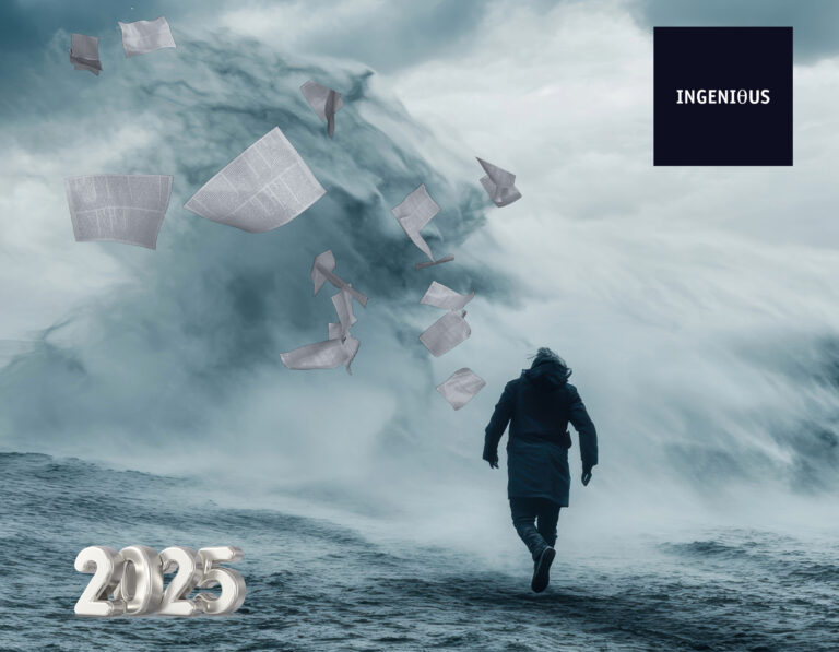 Person walking into stormy waves with flying papers, symbolizing turbulent property market in 2025.