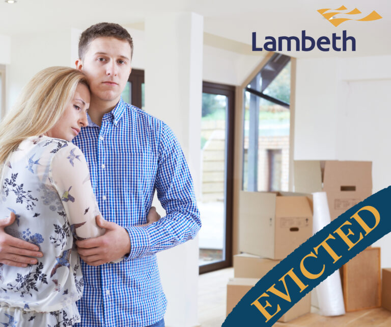 Couple facing eviction in Lambeth housing crisis with moving boxes in background