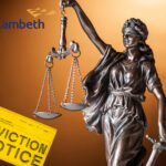 Lady Justice statue with eviction notice and Lambeth Council logo, symbolizing legal dispute over tenant evictions