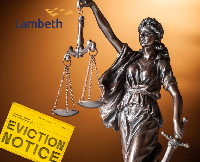 Lady Justice statue with eviction notice and Lambeth Council logo, symbolizing legal dispute over tenant evictions