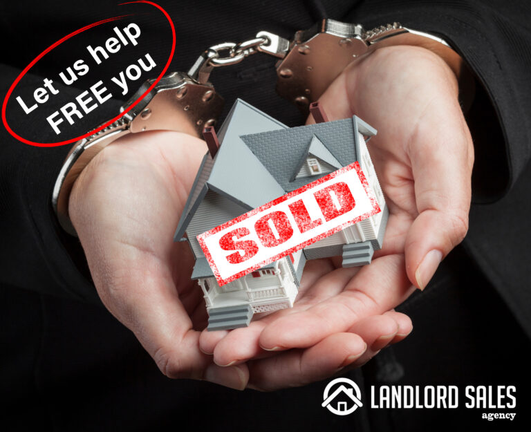 Hands in handcuffs holding a model house with a sold sign, symbolizing landlords escaping rental struggles