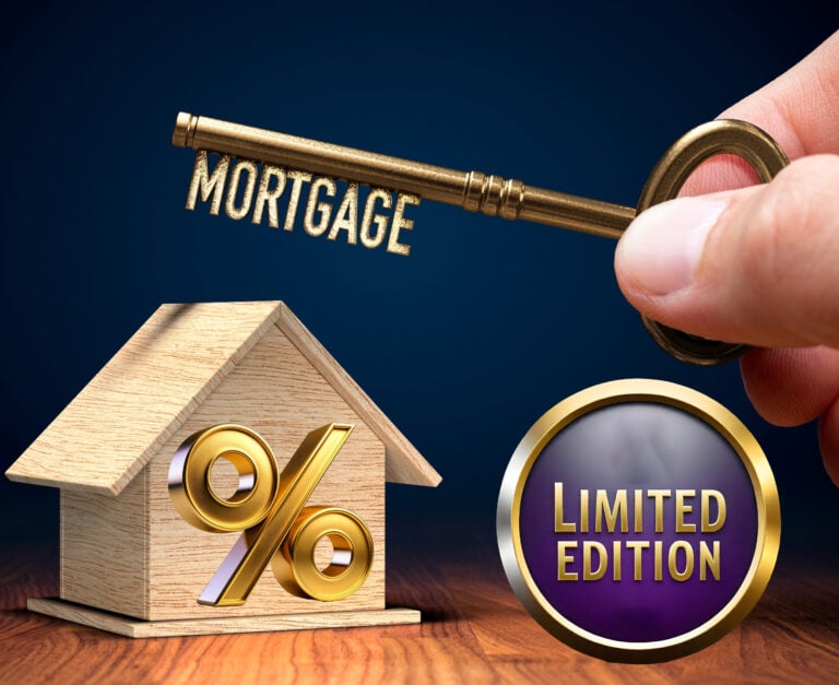 Key labeled mortgage with house model, percentage sign, and limited edition badge.