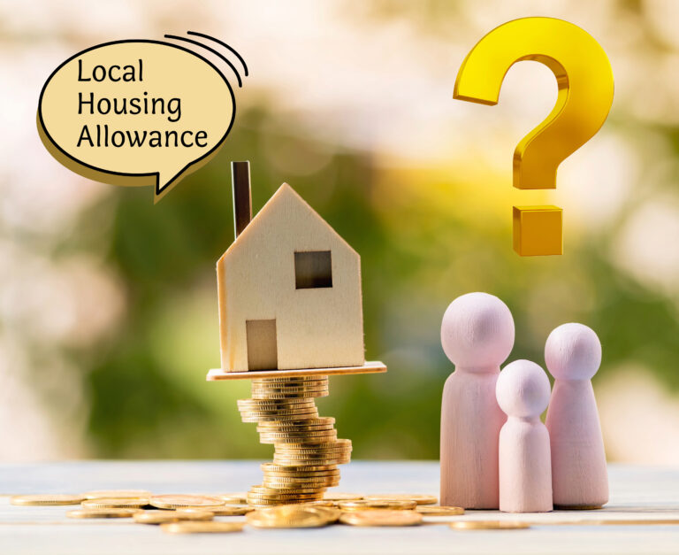 Wooden house on stacked coins with family figures and question mark about local housing allowance.
