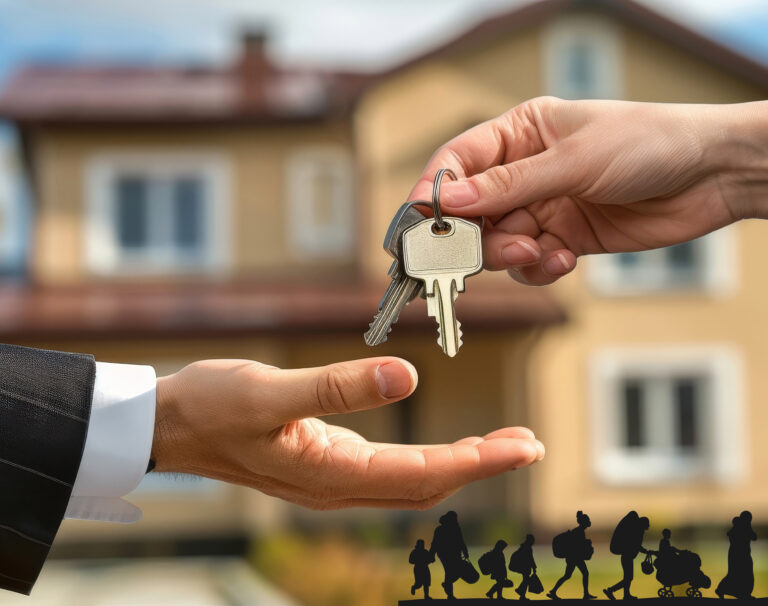 Keys being handed over in front of a house, symbolizing loss of rental homes for temporary housing.