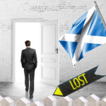 Man walking out door with Scottish flag and "lost" sign, symbolizing landlords leaving Scotland’s rental sector