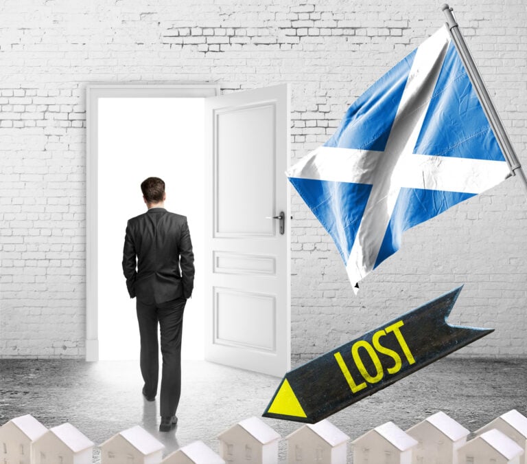 Man walking out door with Scottish flag and "lost" sign, symbolizing landlords leaving Scotland’s rental sector