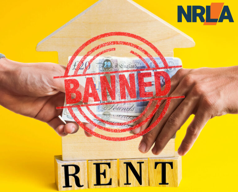 Hands exchanging money with a red “BANNED” stamp over a house-shaped block labeled RENT