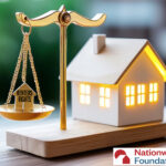 Golden scales of justice balancing renters’ rights beside a glowing house model