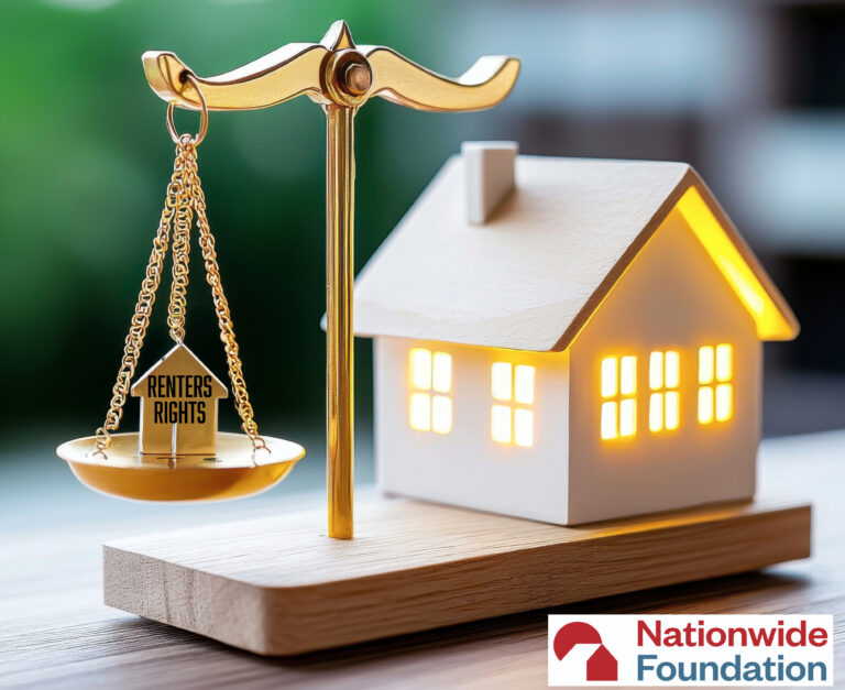 Golden scales of justice balancing renters’ rights beside a glowing house model