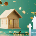 Model house with floating coins and rising rent percentage indicator