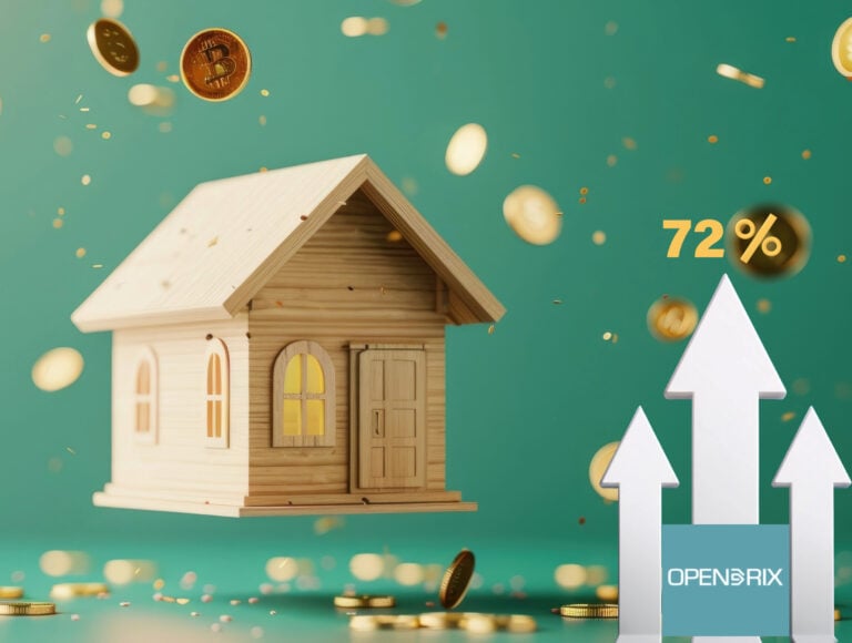 Model house with floating coins and rising rent percentage indicator