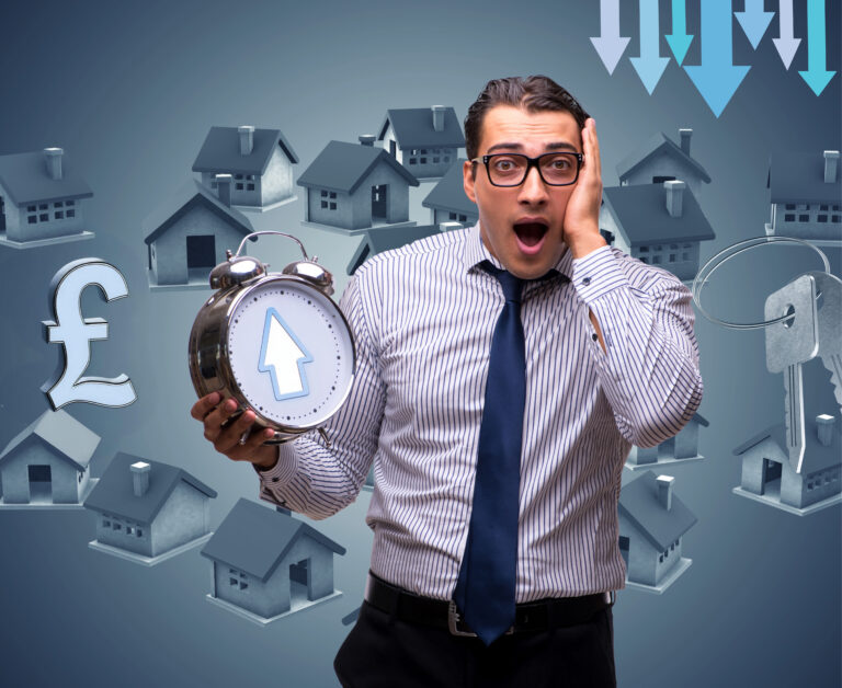 Shocked man holding clock with rising arrow amid house price and rent market symbols