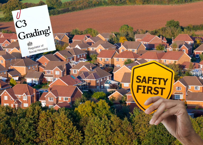 Housing estate with safety warning and regulator grading highlighting council failures