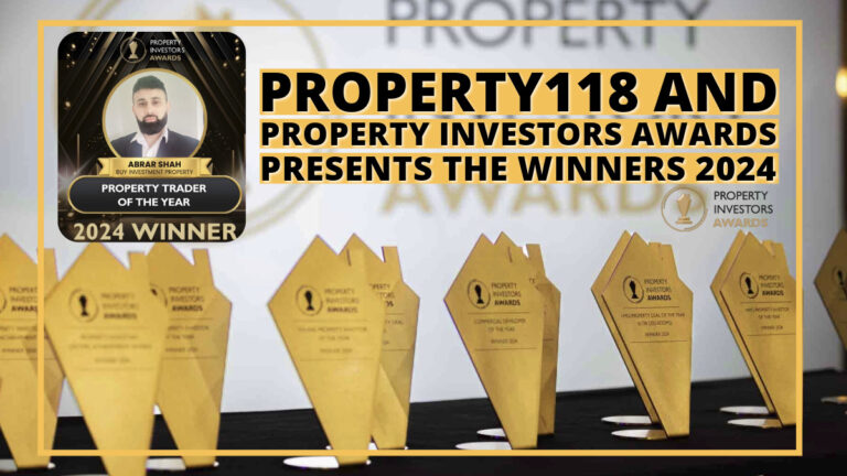 Text: Property118 and Property Investors Awards 2024 winners announcement with trophies displayed